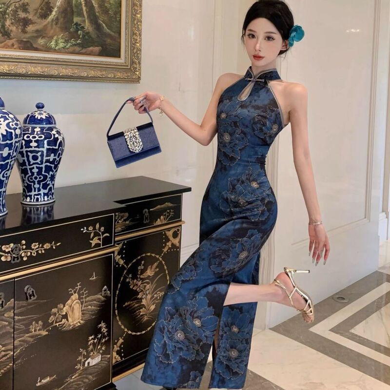 New Chinese-Style Elegant Retro Printed Slit Improved Cheongsam Dress with Slit, Sleeveless and Buttoned Dress for Women New Chinese-Style Elegant Retro Printed Slit Improved Cheongsam Dress with Slit, Sleeveless and Buttoned Dress for Women