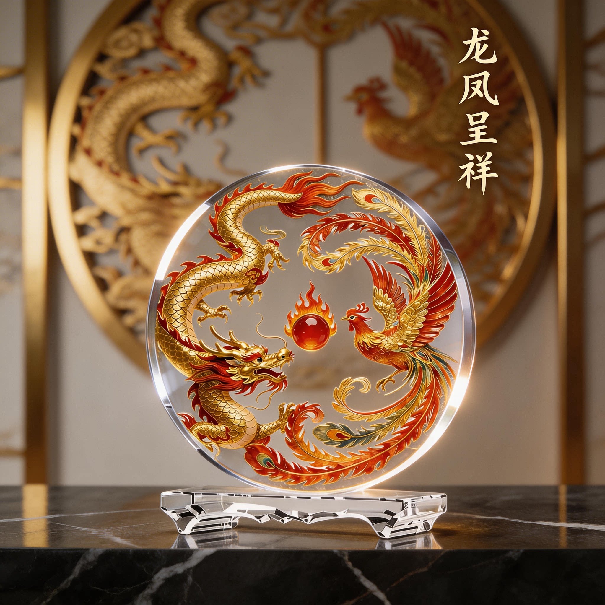 龙凤呈祥内雕水晶摆件家居桌面客厅玄关新人新婚订婚送礼工艺品