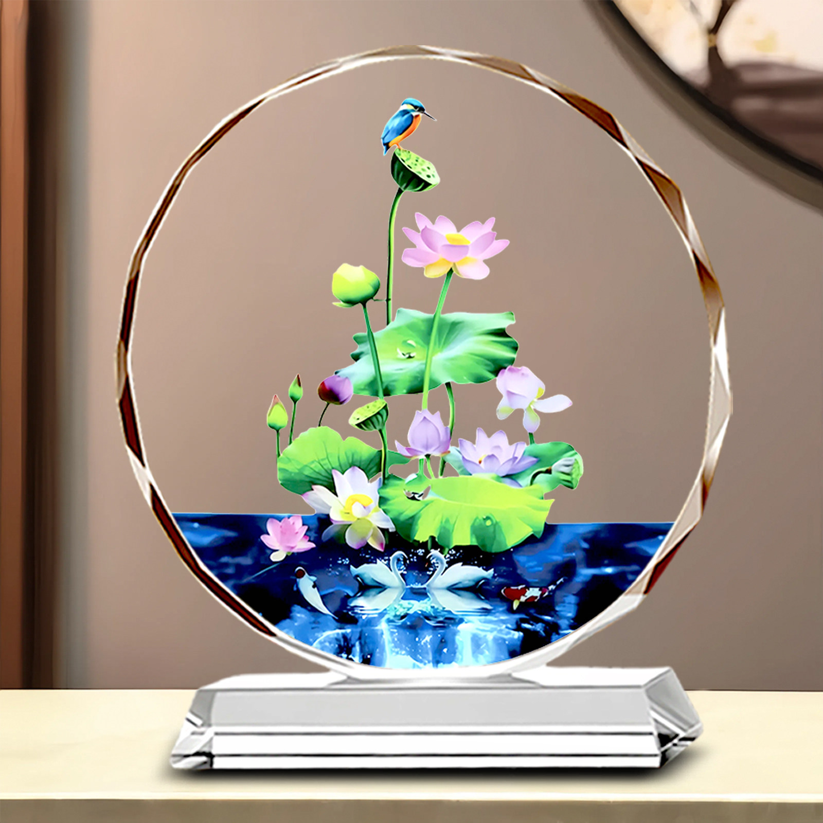 可定制荷花水晶摆件高档家居客厅桌面玄关办公室乔迁送礼工艺品