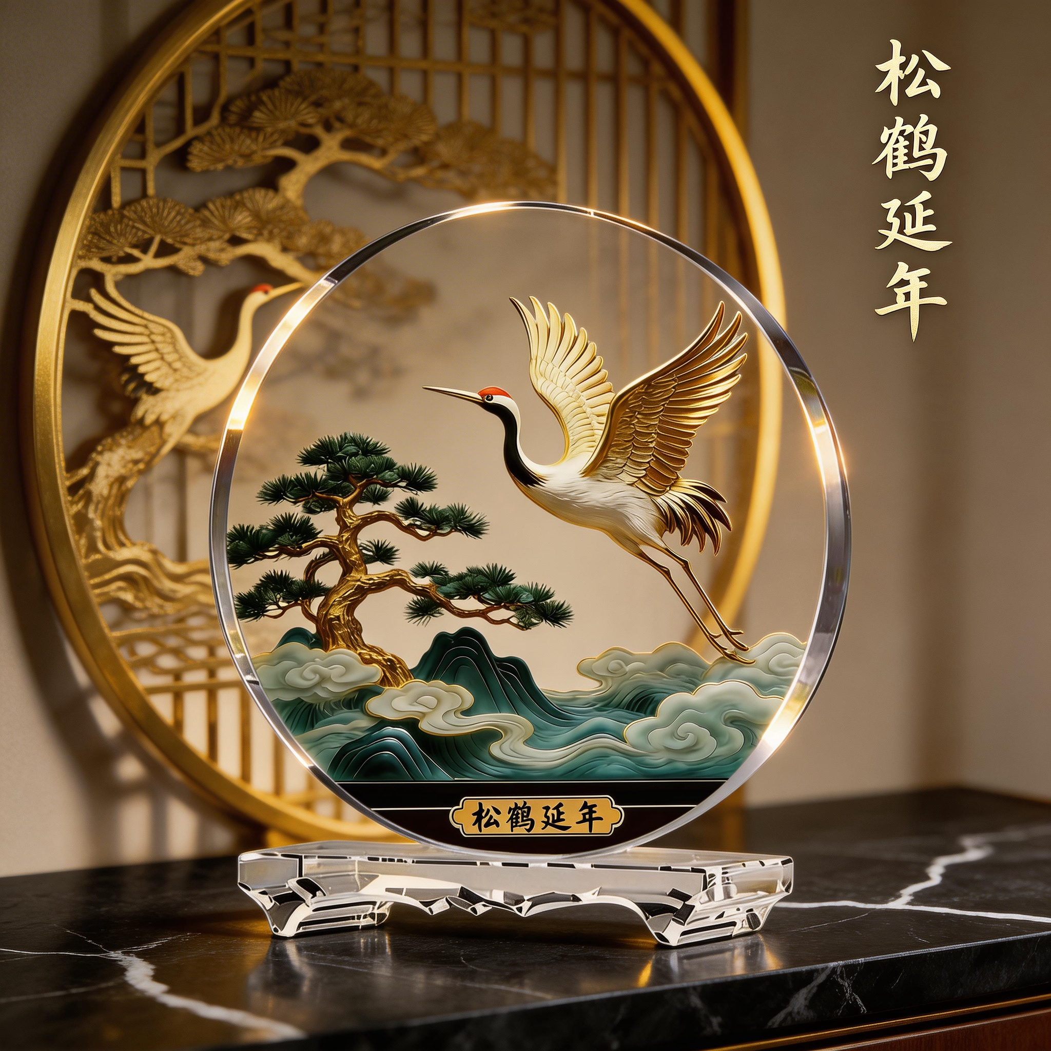 松鹤延年内雕水晶摆件中式客厅桌面玄关送长辈祝寿贺寿生日工艺品