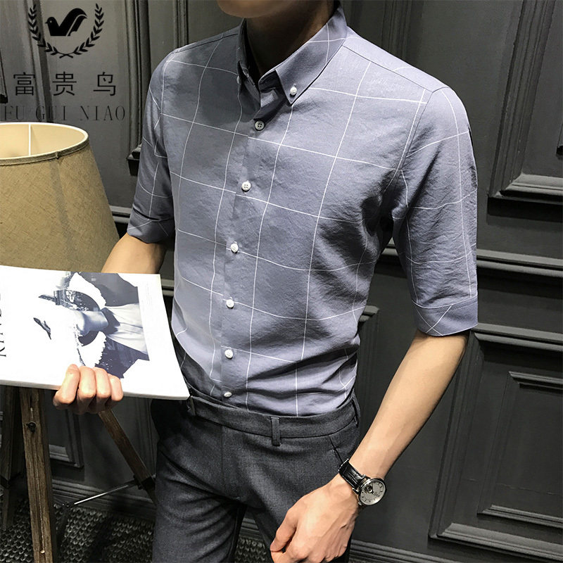 Rich bird plate shirt men short sleeve trend Korean edition handsome five-point sleeve free ironing leisure and leisure men