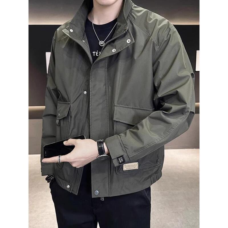 Romon Men's Jacket Spring and Autumn New Trendy Brand Loose Stand Collar Large Pocket Workwear Jacket Outdoor Men's Top