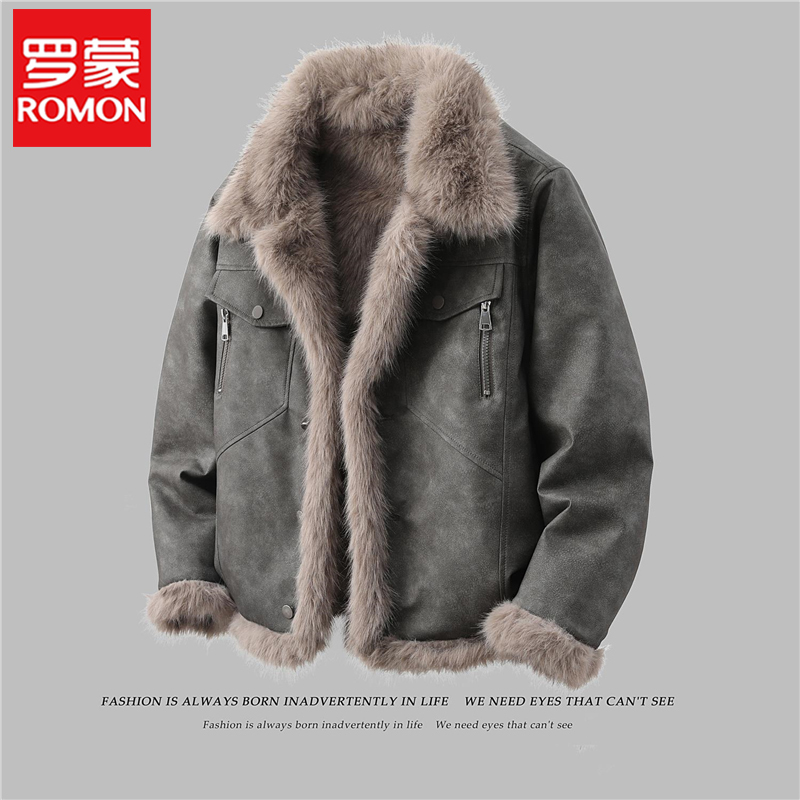 Romon Men's Winter Leather Jacket with Fur Lining, Double-Sided, Loose Fit, Lambswool Coat