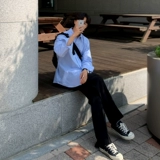 Мужская трендовая синяя осенняя цветная рубашка, свободный крой