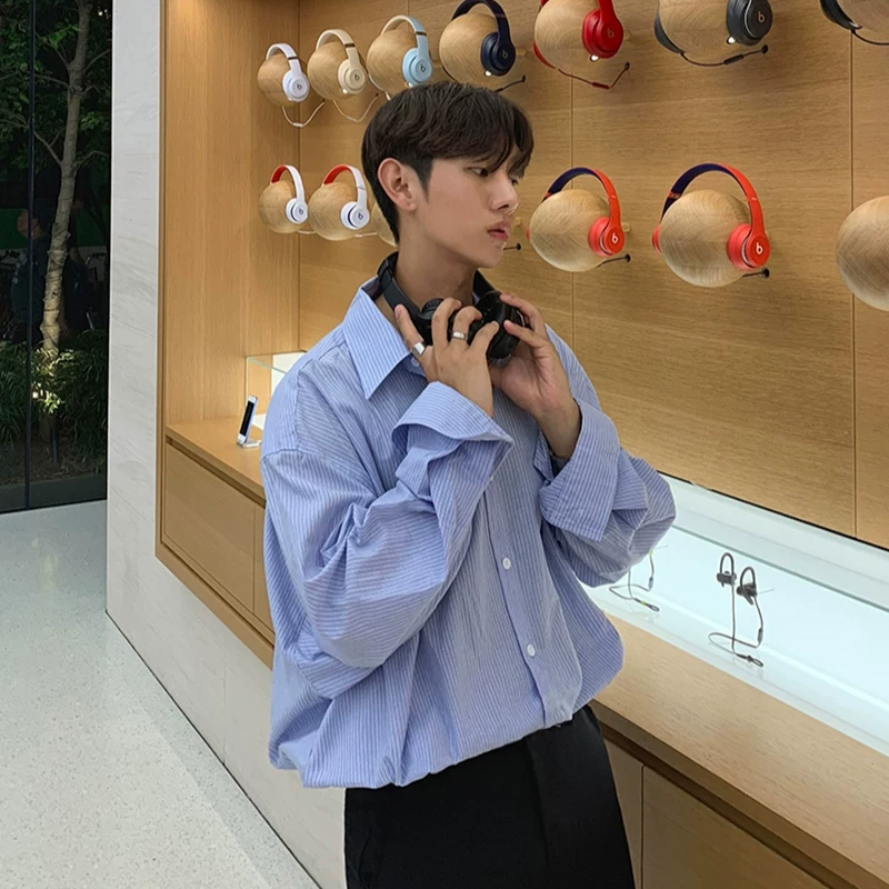 MRCYC Korean style loose long-sleeved striped shirt for men, handsome and trendy boyfriend, versatile shirt, Hong Kong style top