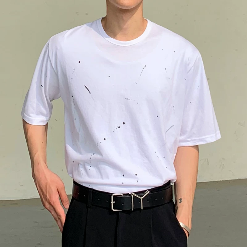 МРСУК модный брендовый хлопковый T-shirt с коротким рукавом для мужчин, корейская футболка с краской на полусторонах, стиль Хонг-Конг, свободная и универсальная верхняя одежда