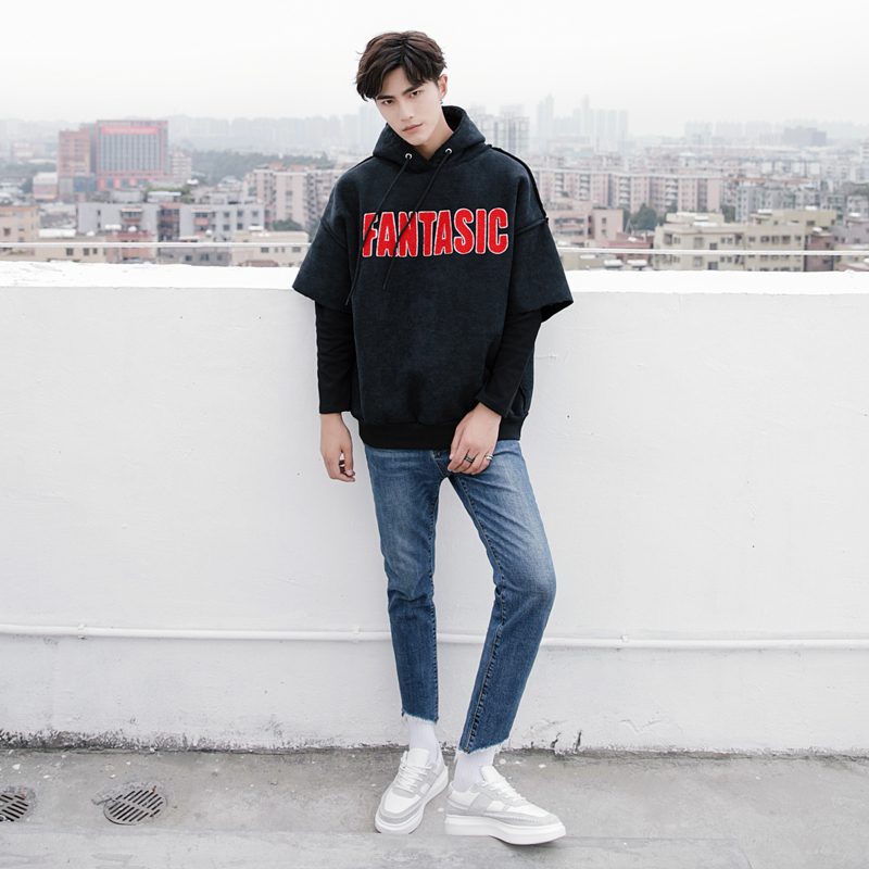 MRCYC 韩版纯色水洗毛边牛仔裤男学生休闲九分裤修身小脚牛仔裤潮