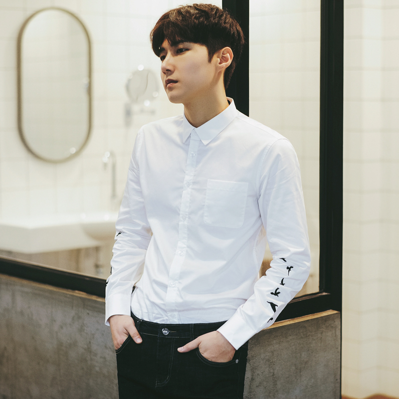 长袖衬衫男春装白衬衣 青少年韩版纯色衬衣修身休闲商务男寸衫