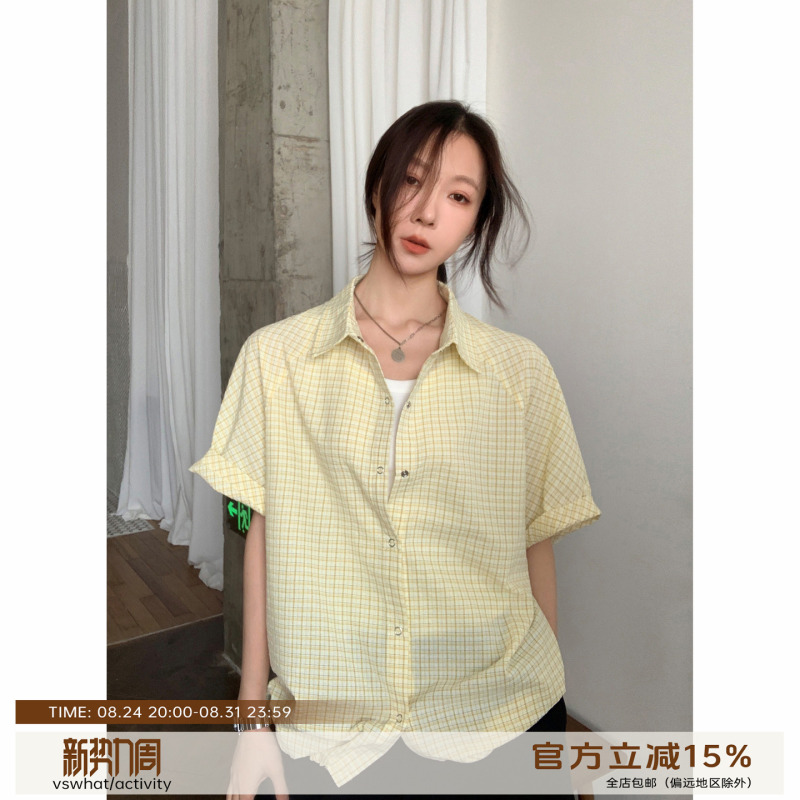 Vs What [a Lemon] Korean-Style Plaid Short-Sleeved Shirt for Women, Summer Casual Half-Sleeve Shirt