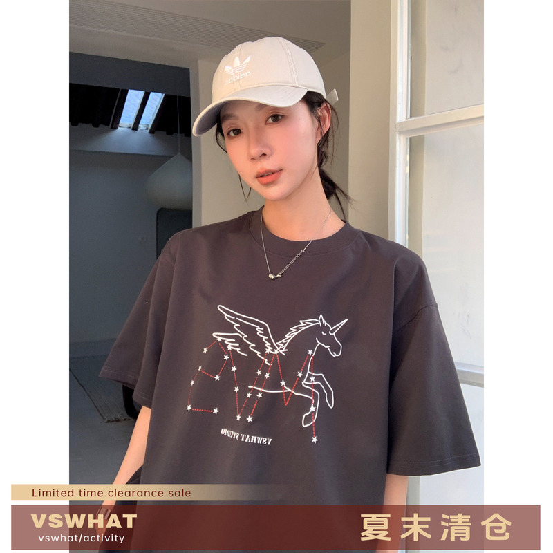 Vs What "Star Horse Enters the Dreamland" Korean Style Lazy Color-Blocking Versatile Loose Casual Retro Design Short-Sleeve T-Shirt Vs What "Star Horse Enters the Dreamland" Korean Style Lazy Color-Blocking Versatile Loose Casual Retro Design Short-Sleeve T-Shirt