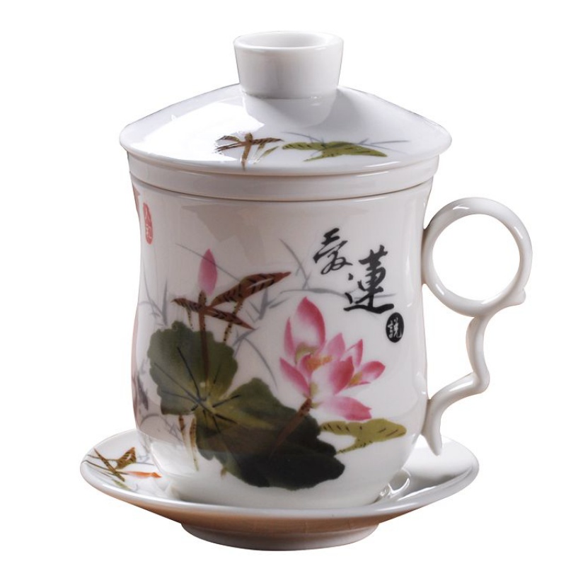 Jingdezhen Ceramic Tea Set Green Flower Porcelain Four Pieces Cups Tea Drinking Man Water Cup With Lid Over Filter Meeting Office Tea Cup-Taobao