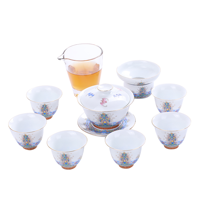 Gold Silk Enamel Color ceramic whole set Gongfu tea with tea Grease Jade Household Brief Office White Porcelain Cover Bowl suit