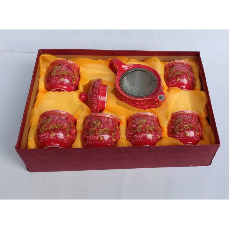Newmarried tea cup ceramic red 7 double - tier tea retro tea ceramic tea set group