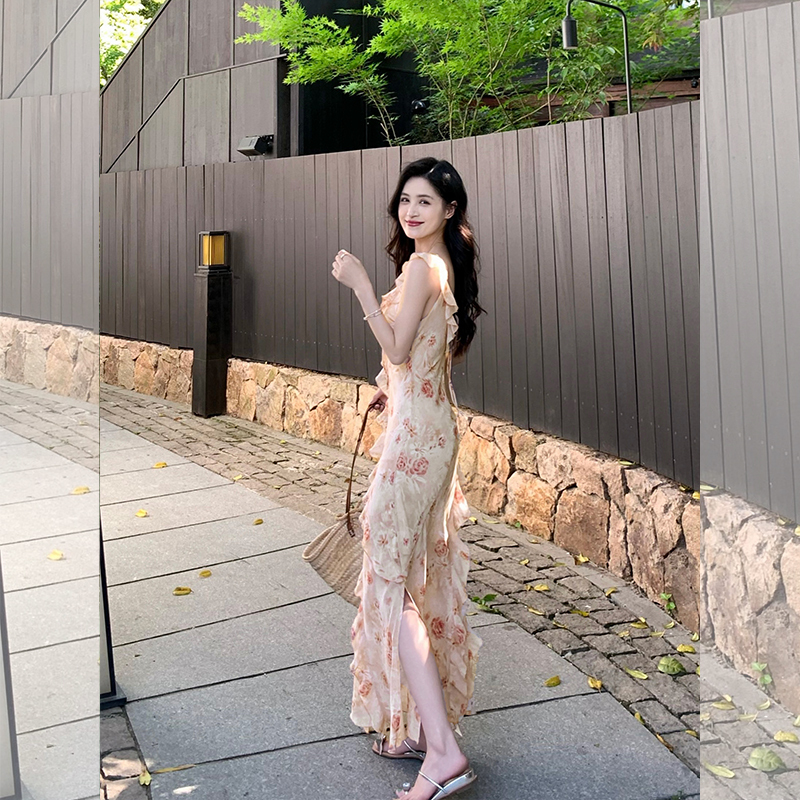 Lin Yan'Er Georgette Pink French Ruffle Strap Dress for Women, New Summer Slim-Fit Long Dress Lin Yan'Er Georgette Pink French Ruffle Strap Dress for Women, New Summer Slim-Fit Long Dress