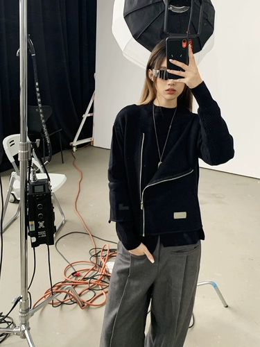 Spot*Double -Layer Design!Ниша нерегулярная сплошная цветовая деконструкция Стиличный слой функциональный свитер молнии он