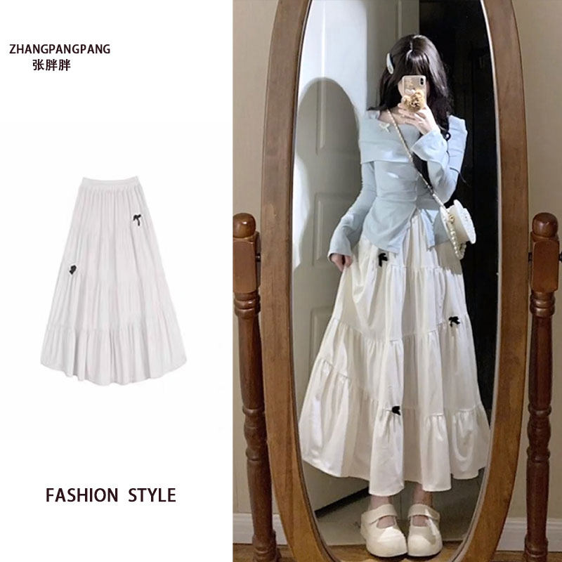 プラスサイズ ホワイトリボン Aラインスカート レディース、春スタイル、優しいデザイン、ハイウエスト、ミドル丈ケーキスカート