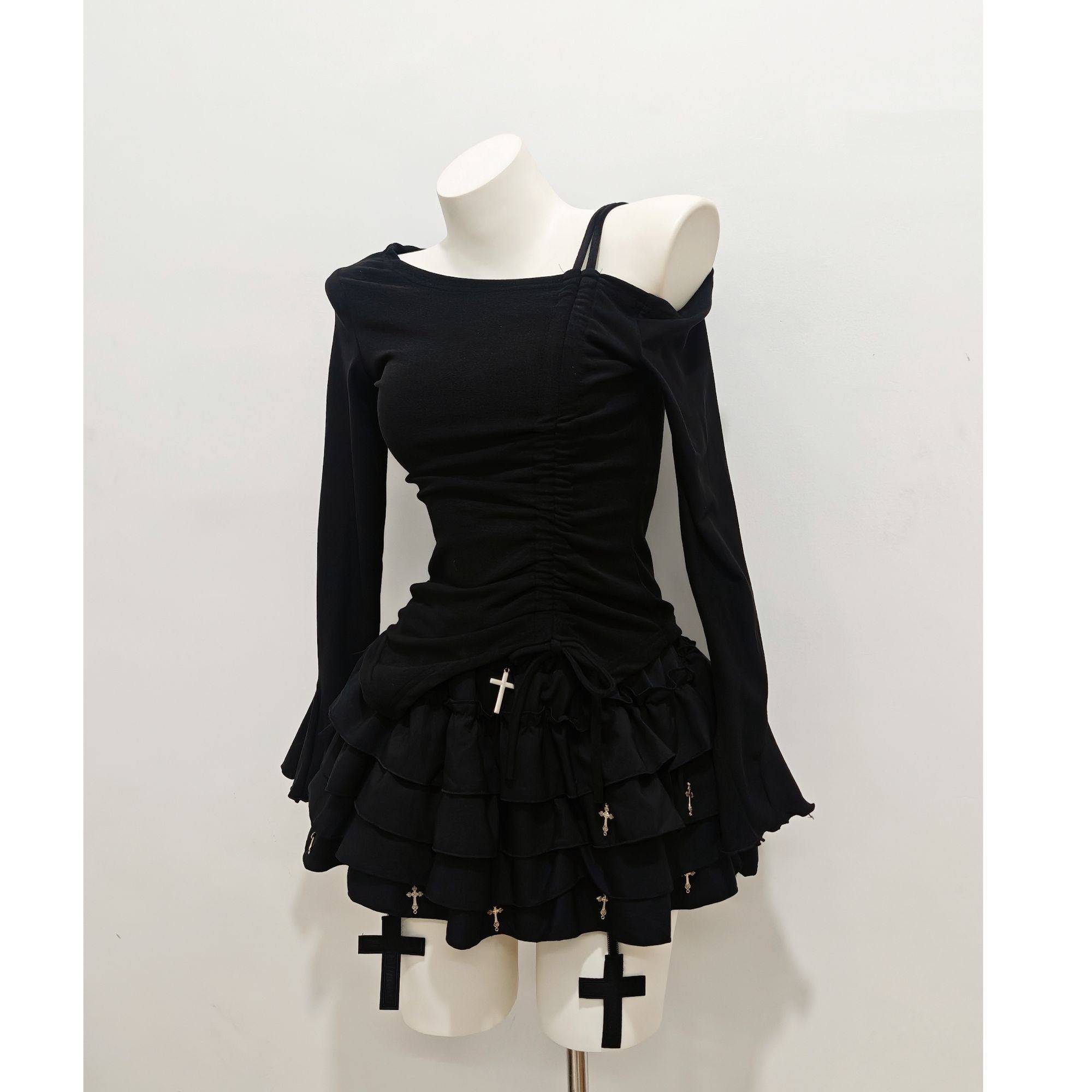Plus Size Black Dark Gothic Cross Design Puffy Mini Skirt with Drawstring Long Sleeve Top Set for Women