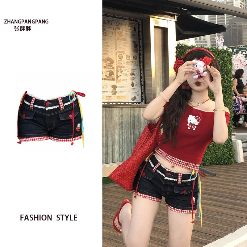 Plus-Size American Retro Plaid Patchwork Denim Shorts for Women, New Summer Design, Low-Waisted, Slimming Hot Pants for Trendy Girls