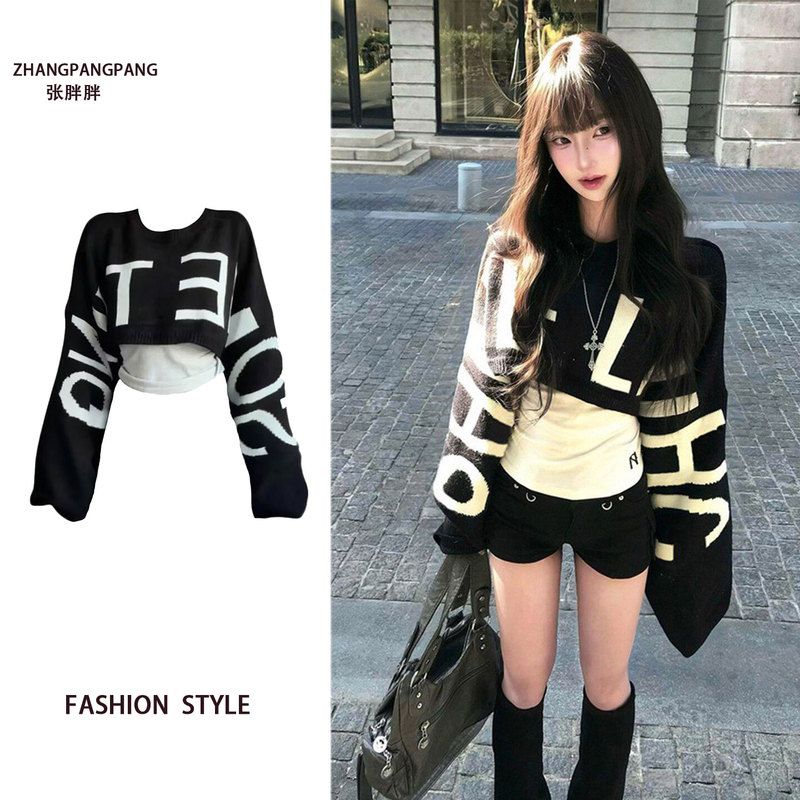 Plus-Size American-Style Spicy Girl Black Batwing Sleeve Sweater for Women, Early Autumn Loose and Lazy High-End Pullover Short Knit Top Plus-Size American-Style Spicy Girl Black Batwing Sleeve Sweater for Women, Early Autumn Loose and Lazy High-End Pullover Short Knit Top