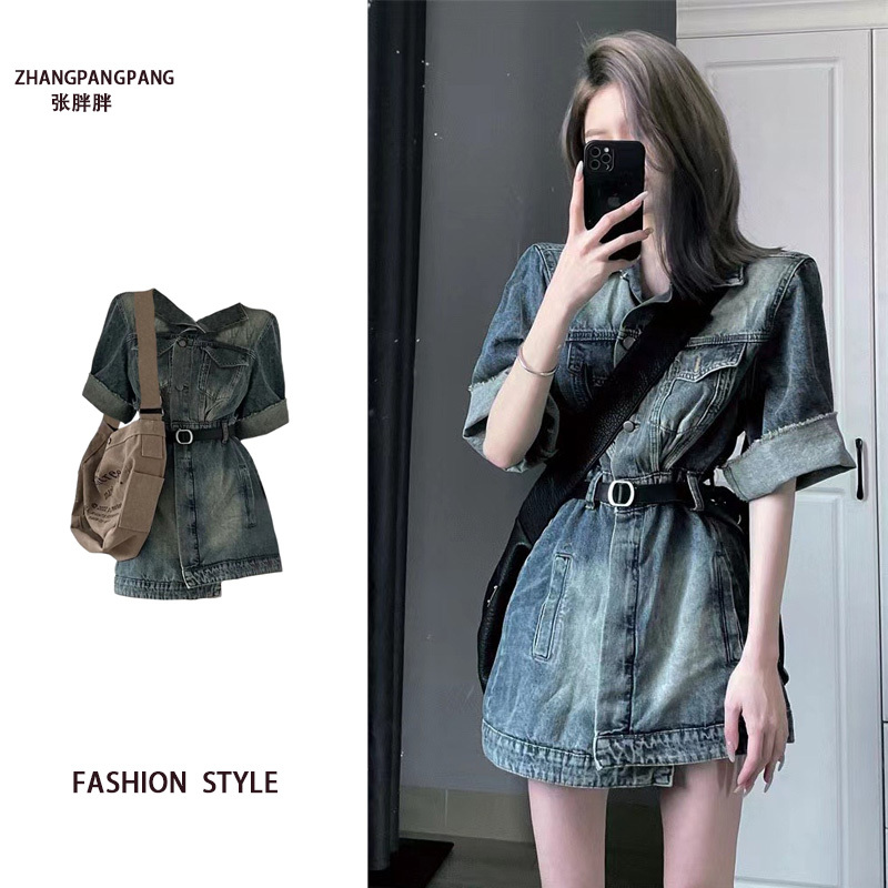 Plus Size Polo Collar Denim Dress for Women, New Summer Style, Hong Kong Style Retro Waist-Cinching Design, Niche Slimming Short Skirt