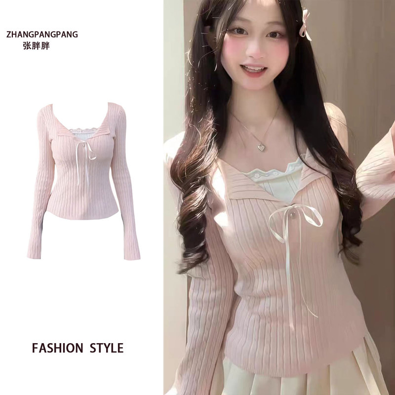 Plus-Size Korean Sweet Girl Pink Lace V-Neck Long-Sleeve T-Shirt for Women, Spring, Autumn, and Winter Design, Inner Layer Base Shirt Top Plus-Size Korean Sweet Girl Pink Lace V-Neck Long-Sleeve T-Shirt for Women, Spring, Autumn, and Winter Design, Inner Layer Base Shirt Top