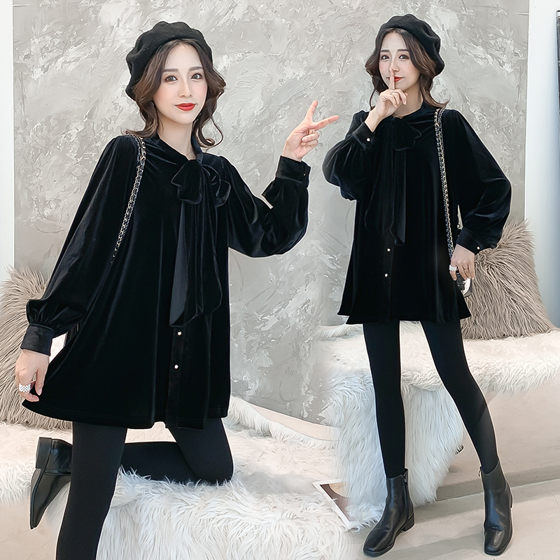 Pregnant women autumn new dress loose large size butterfly collar shirt dress fashion wild lantern sleeve top winter