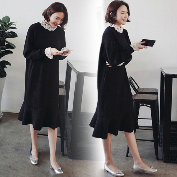 Pregnant women autumn dress 2019 new fashion long sleeve stitching base dress medium and long version lace high neck fishtail skirt
