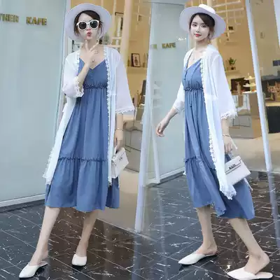 Pregnant women Spring and Autumn New pregnant woman vest sling dress chiffon coat pregnant women two-piece cardigan long version set