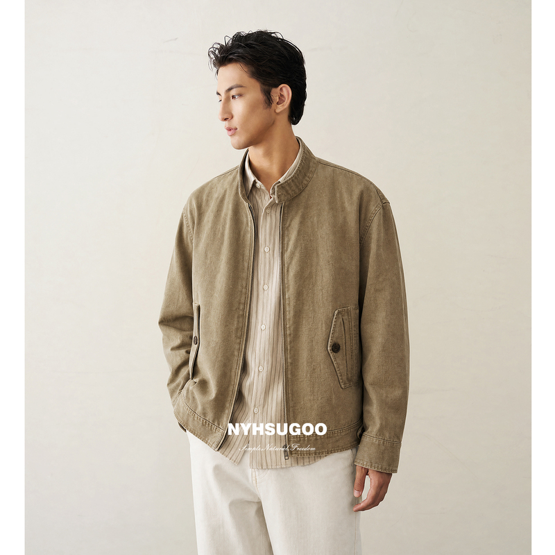 Nanyi 2026 Autumn New 100% Cotton Distressed Washed Faded Stand Collar Vintage Jacket for Men 35435