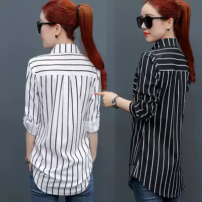 Medium and long striped shirt women's long sleeve 2021 autumn new middle-aged mother coat large size loose inner shirt