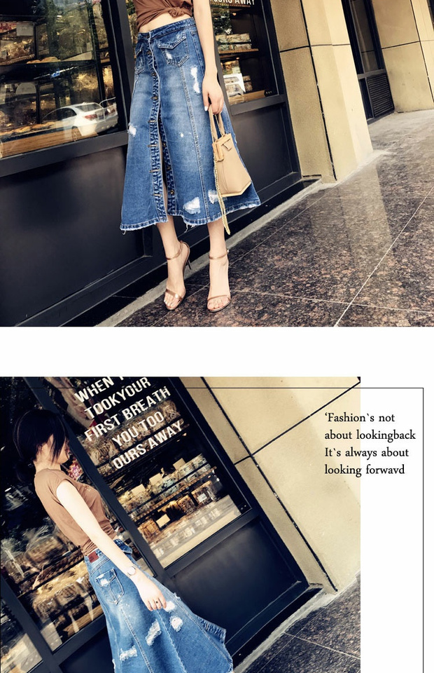 Xuân-Hè 2019 mới mid-eo retro mặc ra con lắc lớn cá tính váy denim dài phía trước xẻ ngực váy nữ - Váy chân váy kaki dài