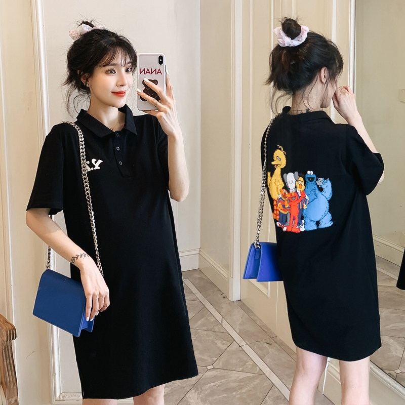 Pregnant woman summer dress foreign dress Collar Casual Cartoon Short Sleeve T-shirt Blouse in long version polo pregnant woman skirt Summer