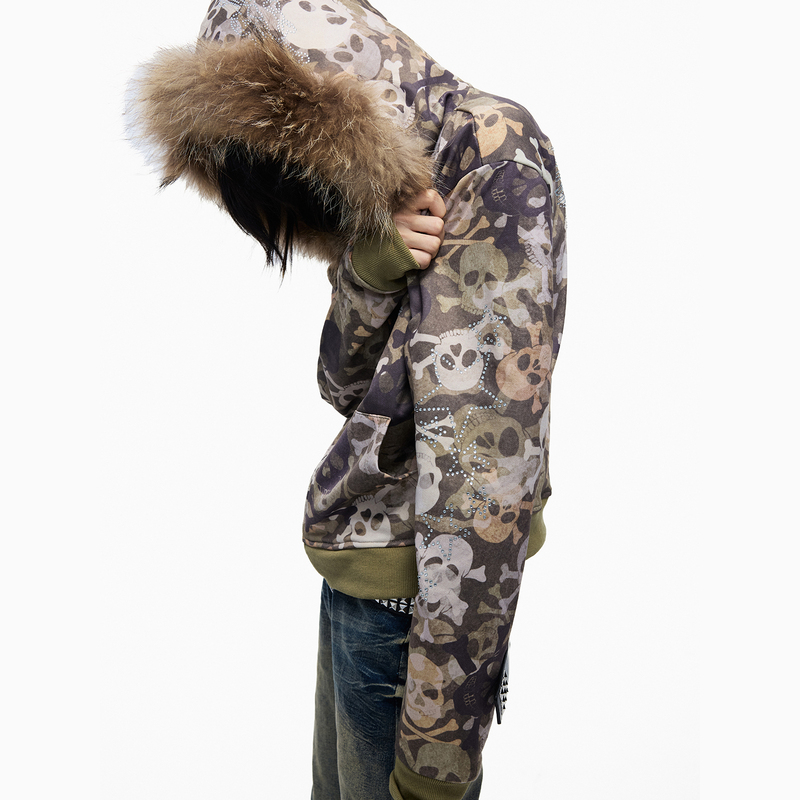 Lightinus* Dark Spirit Skeleton Camouflage Fur Collar Hooded Jacket Subculture Zipper Sweatshirt Short Top