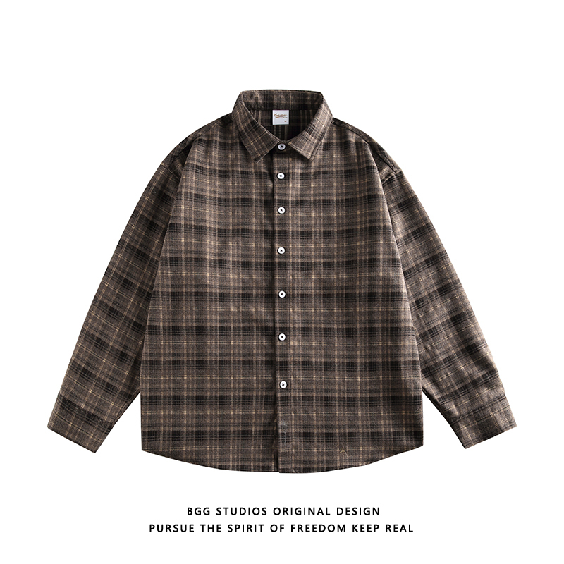 Bggstudios Japanese Retro Color-Block Plaid Long-Sleeve Shirt Men's Trendy Brand Autumn Loose Casual Shirt Jacket