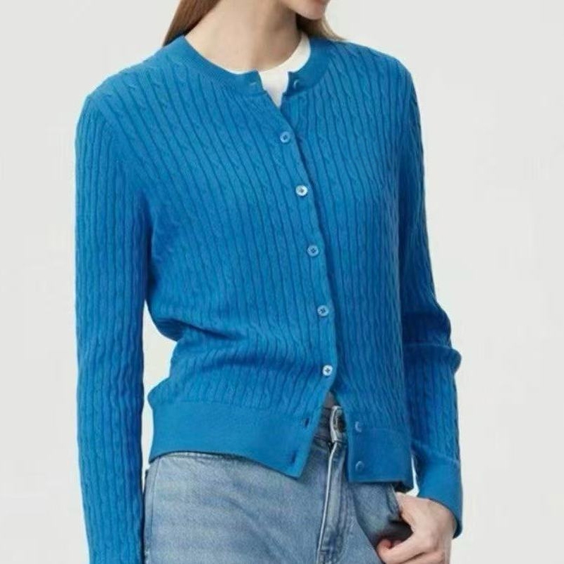 Long-Sleeved Cardigan with Twist Pattern, Chinese-Style Knitted Women's 100% Cotton Long-Sleeved Cardigan with Twist Pattern, Chinese-Style Knitted Women's 100% Cotton
