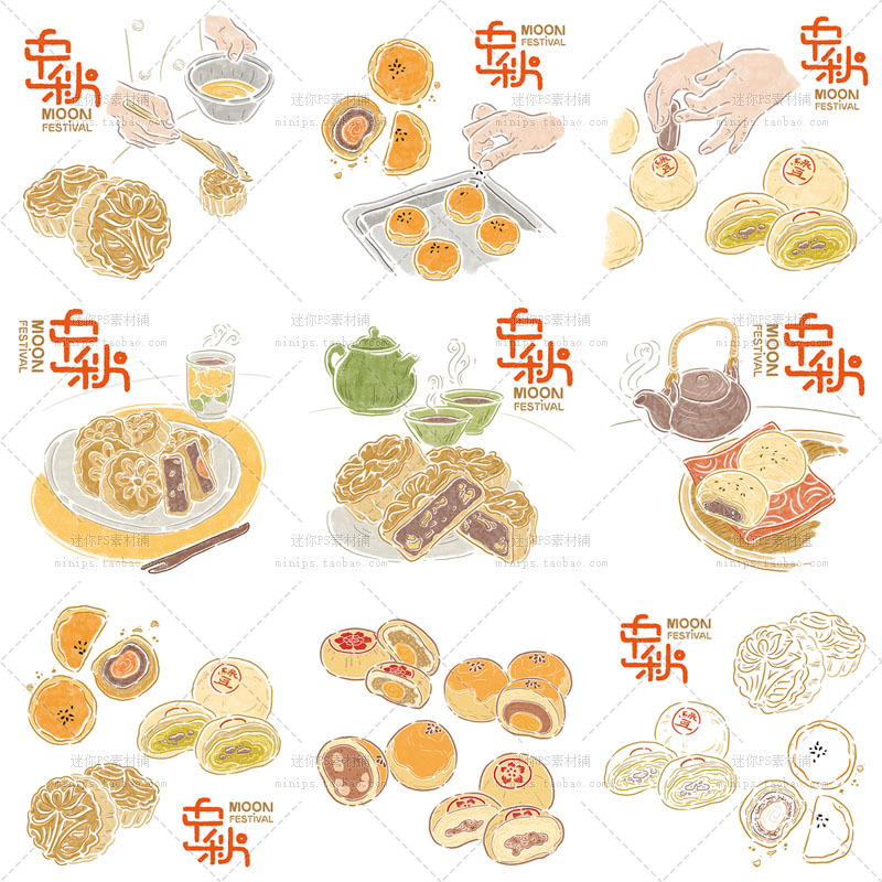 Traditional Mid-Autumn Festival Cantonese-Style Mooncakes, Egg Yolk Cakes, Su-Style Mooncakes, Mung Bean Cakes, Production Process, Hand-Drawn Vector Design Materials