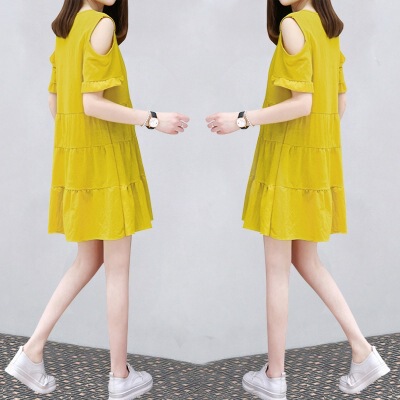 Off-The-Shoulder Dress, Summer Korean Style, New Versatile Short-Sleeved Dress, Elegant and Slimming, Loose Fit, Mid-Length