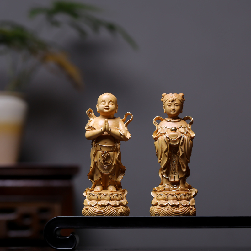 Authentic Small-Leaf Boxwood Wood Carving with Gold Detailing, Golden Boy and Jade Girl Figurines, Solid Wood Carving of the God of Wealth and Dragon Girl for Worship
