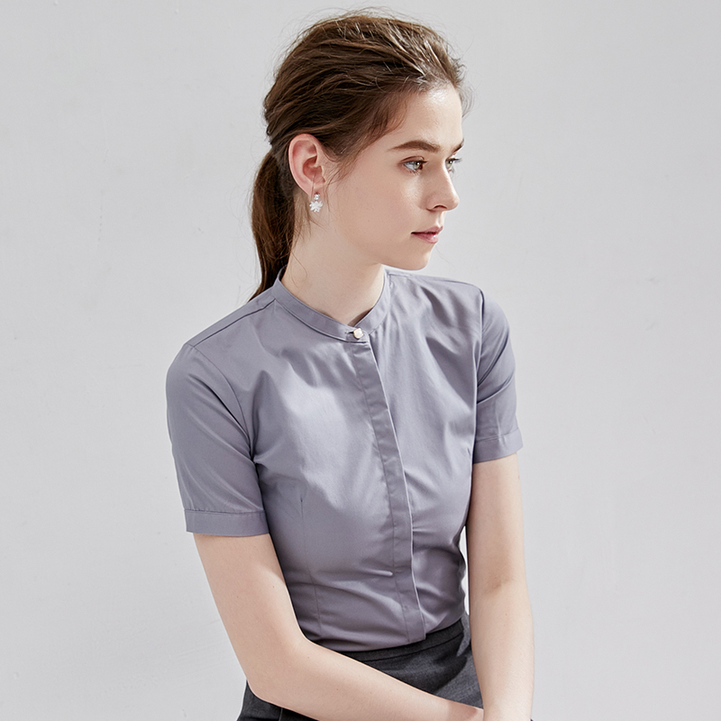 Maiying Stand Collar Short Sleeve White Shirt for Women 2026 Spring/Summer New Korean Style Collarless Professional Gray Women's Blouse Maiying Stand Collar Short Sleeve White Shirt for Women 2026 Spring/Summer New Korean Style Collarless Professional Gray Women's Blouse