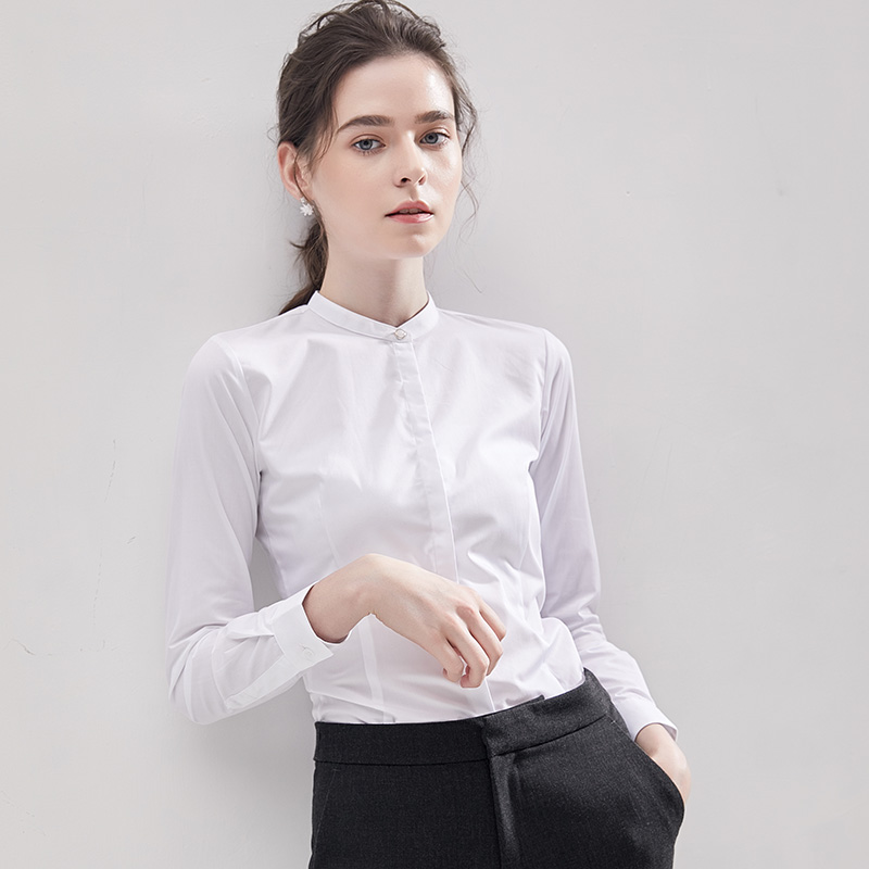 Stand collar shirt female New 2021 White Korean chic white shirt collarless temperament tooling professional long sleeve