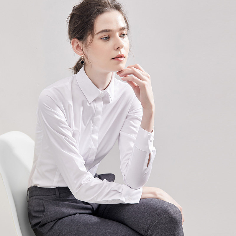White shirt woman long sleeve outside wearing career positive dress lady work clothes early fall 2022 new shirt 100 lap top