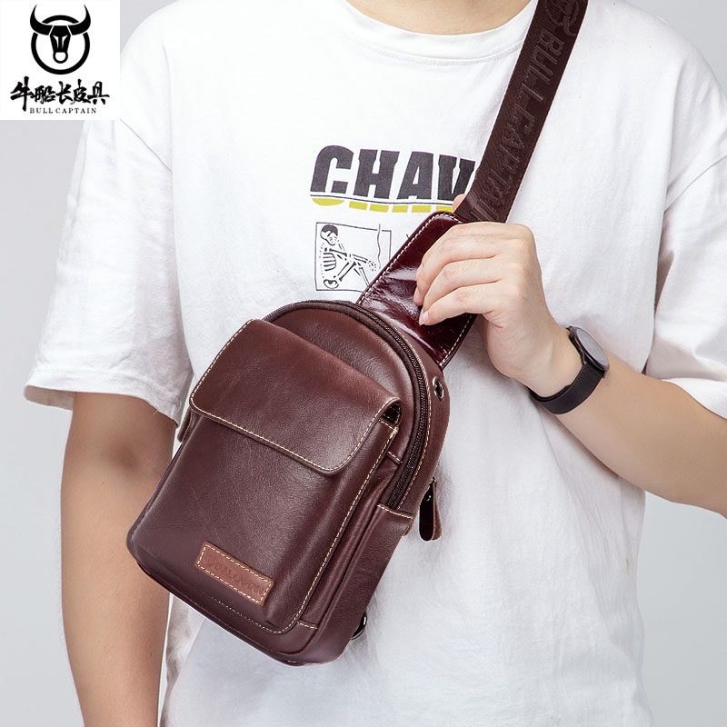 Captain Niu leather first layer cowhide men's leisure sports trend chest bag men's leather shoulder sloping chest small bag