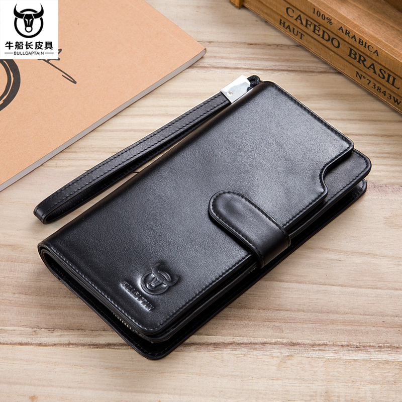 Captain Niu leather leather multi-function mobile phone bag men's soft cowhide 2 fold long version business casual zipper wallet