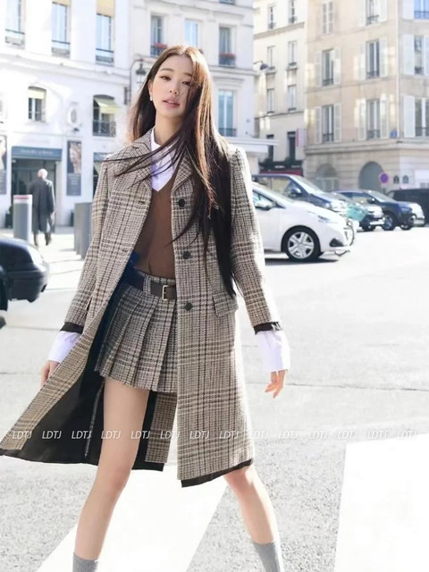 Ldtj Haute Couture 25 Autumn/Winter New Zhang Yuan Ying Plaid Style Elegant College Style Woolen Coat and Skirt Set for Women