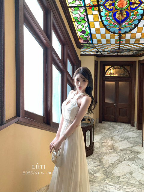 Ldtj Original [Monsoon Breeze] 2025 Heavy Embroidery Chiffon Birthday Date Socialite Halter Neck Long Dress for Women