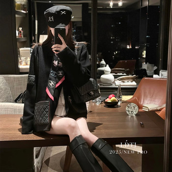 Ldtj High-End Customization: the Alluring Sister's Appointment - Autumn French Style Small Fragrance Diamond Pattern Leather Pocket Knitted Cashmere Cardigan Jacket