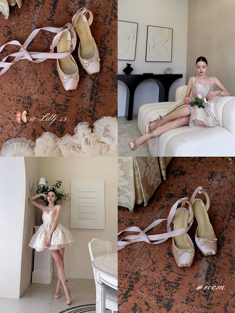 Ldtj Haute Couture Song Zhiya Cl Same Style Autumn French Sweet Princess Pink Satin Lace-Up Ballet High Heels for Women