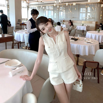 Ldtj Original [Jiangnan Noble Lady] Autumn Style Little Chanel Handmade Beaded Embroidery Sleeveless Top and Shorts Set