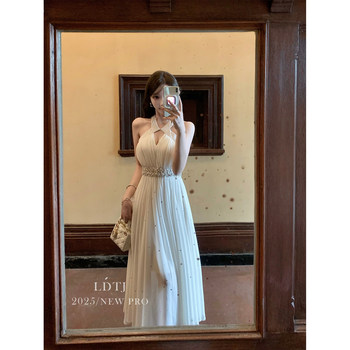 Ldtj Original [Monsoon Breeze] 2025 Heavy Embroidery Chiffon Birthday Date Socialite Halter Neck Long Dress for Women