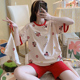 Pajama womens mùa hè bông phim hoạt hình bùng nổ màu đỏ ngắn tay quần short net dễ thương hai mảnh thiết lập phiên bản Hàn Quốc của bộ đồng phục nhà học sinh.